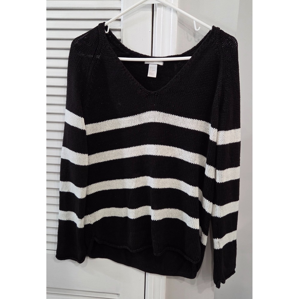 H&M Womens Black White Striped V-Neck Knit Sweater Small Pullover Drop Shoulder